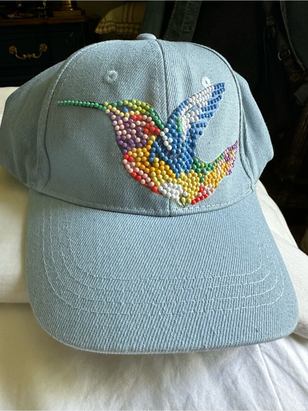 Light blue  Baseball Cap with Colorful Beaded Hummingbird